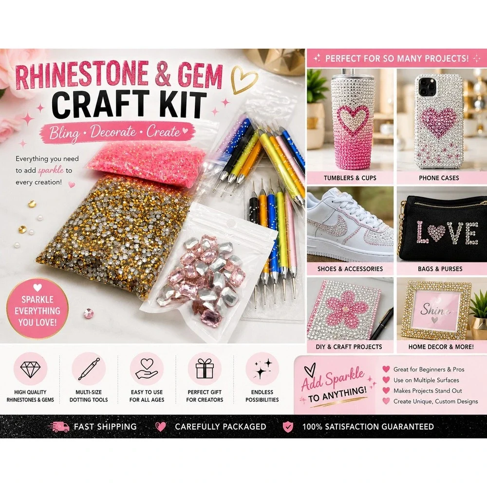 Rhinestone Gem Craft Kit Dotting Tools Pink Gold Crystals Nail Art DIY Bling